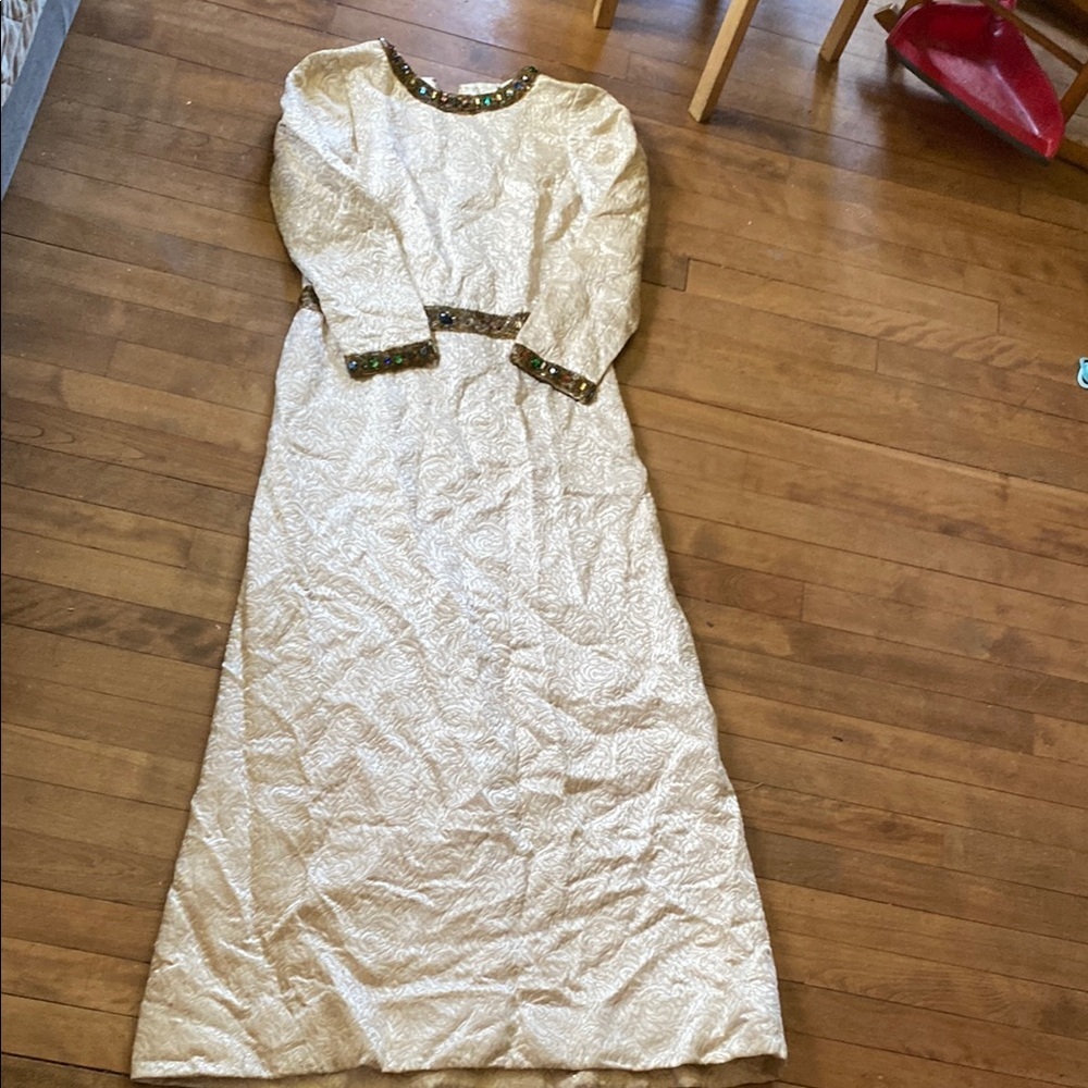 Vintage Malcolm Starr Elegant Cream Long Sleeve damask  Dress